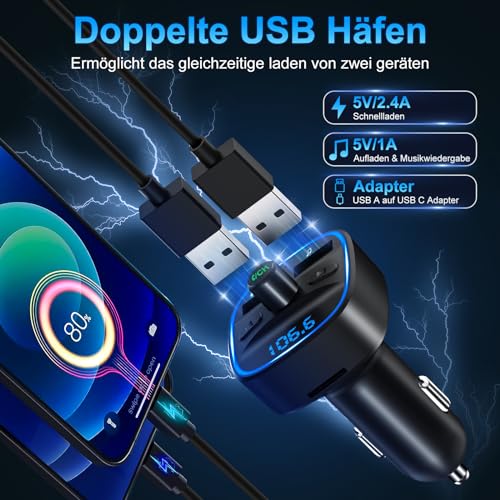 Bluetooth 5.3 FM Transmitter, KFZ Bluetooth Adapter Auto Radio, 2 USB Autoladegerät LED Display Auto Ladegerät Musik-Player Zigarettenanzünder mit Freisprechen, unterstützen BT, SD-Karte, USB-Disk