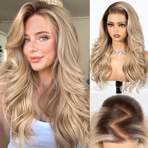HAIRCUBE 13x6 HD Synthetic Lace Front Wig, 24 Inch Ombre Gritty Blonde Long Curly Layered Wigs, Natural Density Hairline Glueless Wigs for Women Daily Use