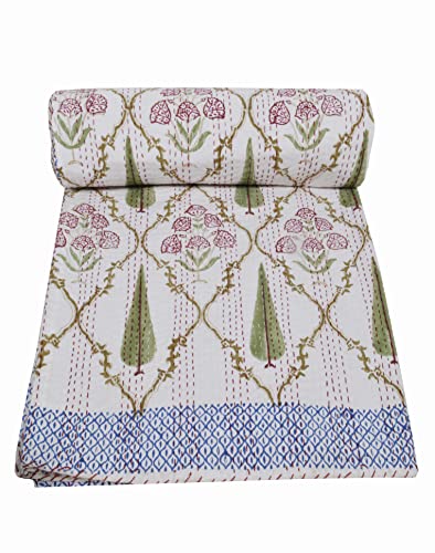 SOMUKARA Hand Block Print Kantha Quilt Indian Cotton Queen Size Bedspread Throw Indian Handmade Bed Cover Bohemian Blanket (Twin 90 x 60 Inch)