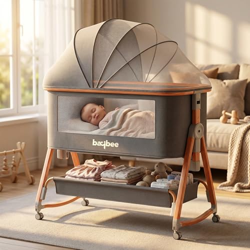 Baybee 3 in 1 Baby Bedside Crib With 6 Height Adjustable Baby Bed, Foldable Bassinet Sleeper with Wheels, Mosquito Net, 360°Swivel Wheels, Cradle for Travel Infant/Newborn (Grey)