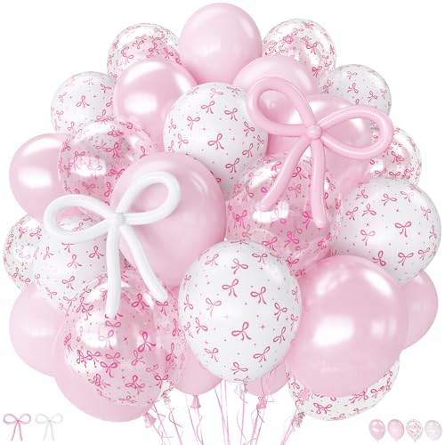 Image of Pink Bow Balloons, 62Pcs Pastel Light Pink Clear White Bow Latex Balloons, 12Inch Transparent Bowknot Print Helium Balloon for Girls Women Princess Coquette Birthday Wedding Bridal Baby Shower Party