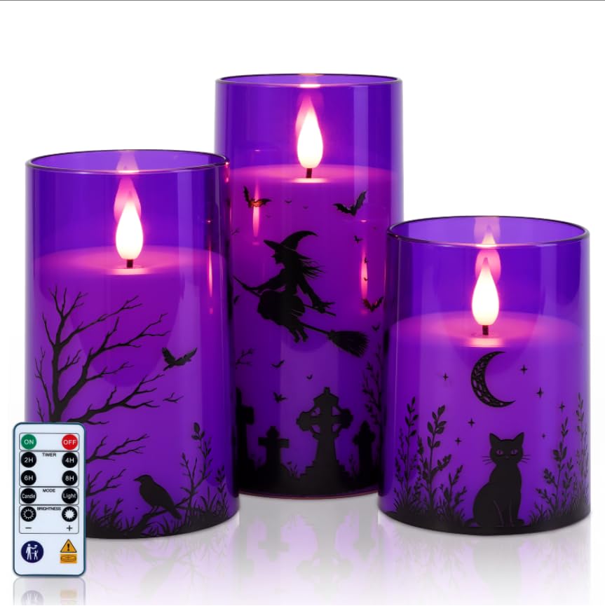 Image of Homemory Purple Halloween Flameless LED Candles with Remote Timer, Set of 3