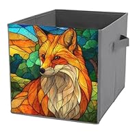 Jubonexis Stained Glass Fox Green Forest Cube Storage Bins Storage Cubes Foldable Decorative Fabric Storage Baskets Home Organizers with Handles for Shelves,Closet, 27x27 CM