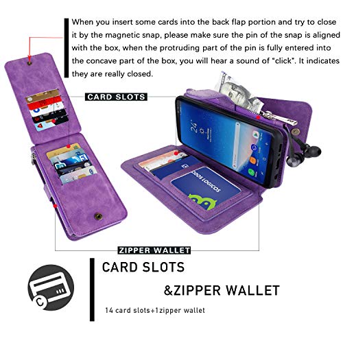 Samsung Galaxy S8 Case, [Detachable Wallet Folio][2 In 1][Zipper Cash Storage][Up To 14 Card Slots 1 Photo Window] Premium Pu Leather Purse Clutch With Removable Inner Magnetic Tpu Case - Purple #TOP3