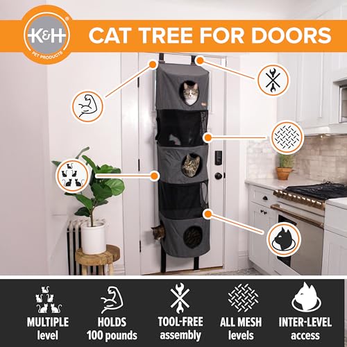 K&H Pet Products Hangin Cat Tree Condo 5 Level Door Mounted Cat Furniture, Space Saving, Mesh Levels, Peep Holes, Interconnecting Levels, Collapsible, Tool-Free Assembly - Gray - Fits Doors <80in H by K&H Pet Products - Image 2