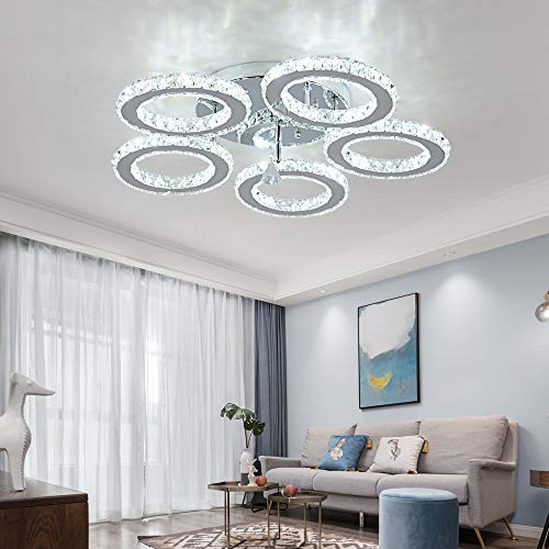 Deckrico Crystal Chandelier Modern Led 5-Rings Light Fixtures Flush Mount Stainless Steel Pendant Ceiling Lamp For Living Room Bedroom Restaurant Porch Dining Room (Cool White) #TOP6