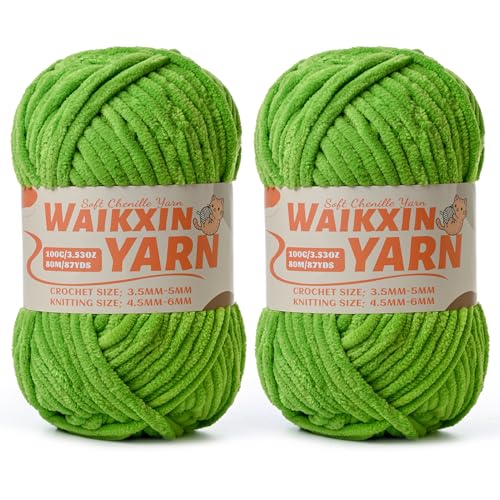 Image of (2 Lime Green) 2 Pack Super Soft Fuzzy Chenille Chunky Yarn for Crocheting, 200g (175yds) Fluffy Velvet Yarn for Hand Knitting Baby Blankets Weaving Craft
