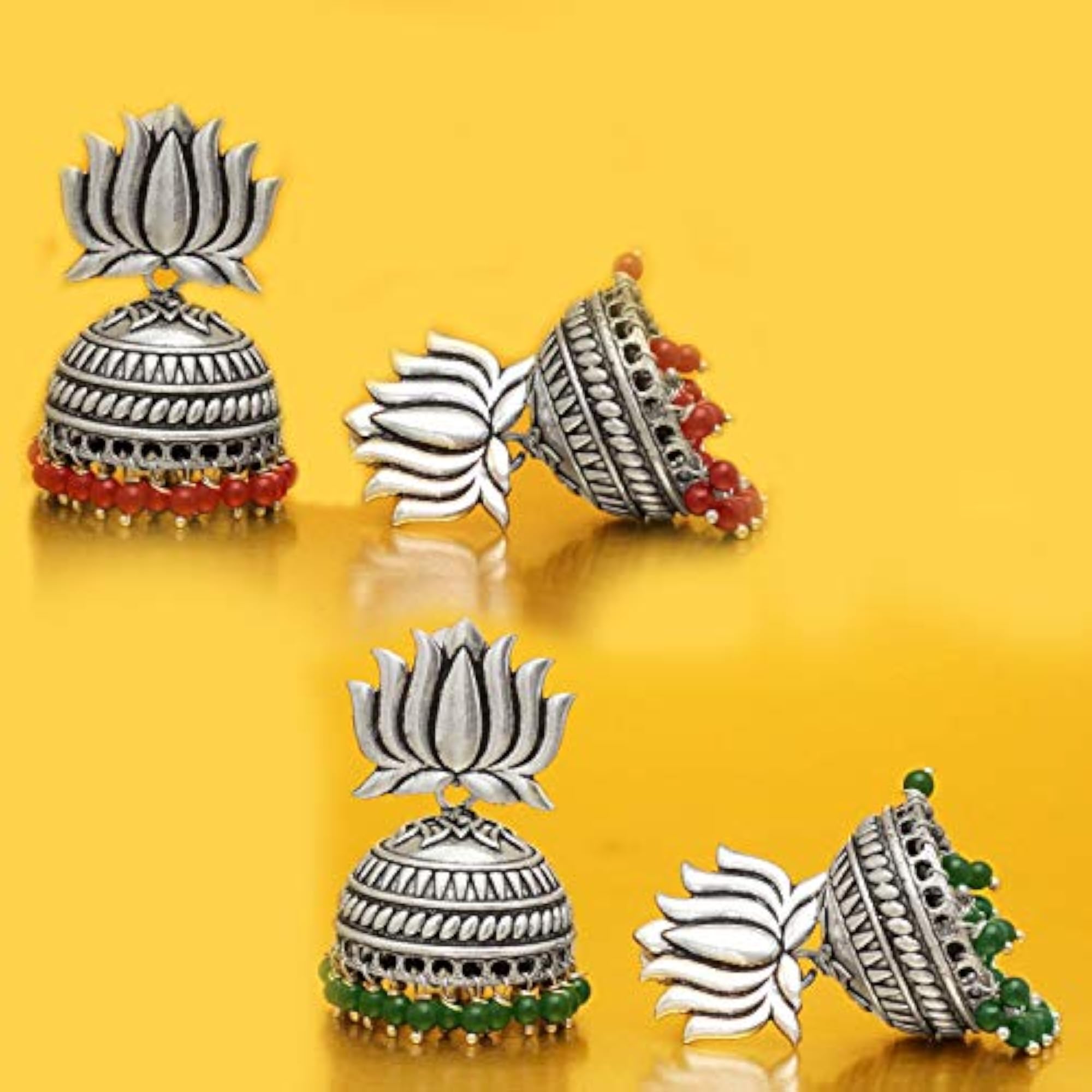 Lotus Floral German Silver Jhumki Earrings, Oxidised Design