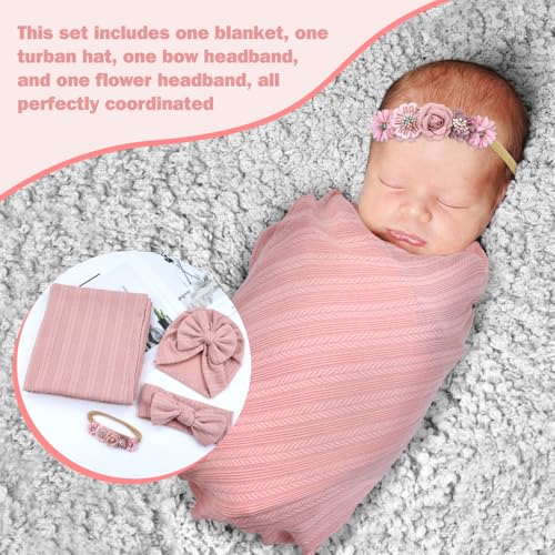 Image of Cinaci 4pcs Dusty Pink Soft Nursery Newborn Baby Receiving Swaddle Blanket with Matching Turban Hat Bow Headbands Floral Nylon Headbands for Baby Girls Newborn Infants