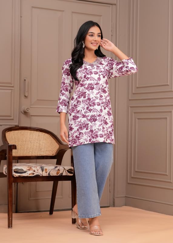 Image of Women's Ethnic Printed Rayon Short Kurta | Stylish Round Neck V-Slit Straight Kurti | Comfortable, Office & Casual Kurta for Jeans, Leggings & Trousers