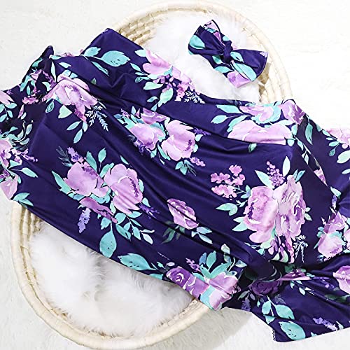 Image of Newborn Receiving Blanket Headband Set Purple Flower Stretchy Baby Girl Swaddle Blanket Large Infant Sleeping Wrap Blankets