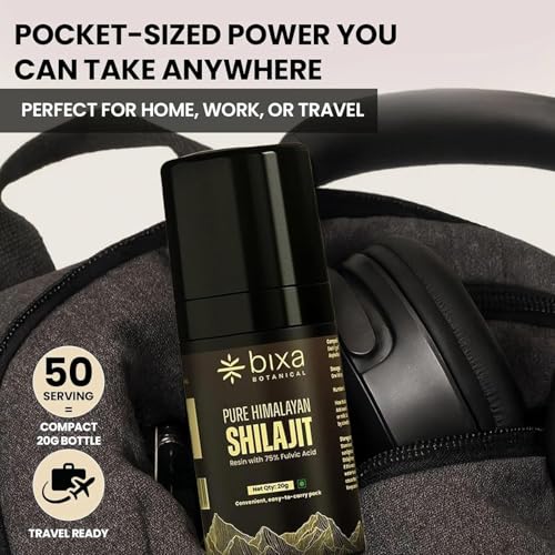 Image of bixa BOTANICAL Shilajit for Men, Pure Himalayan Resin, Vegan, 20 g | With 75% Fulvic Acid, Supports Energy, Stamina & Muscle Health, Fast Dissolving, Lab Tested, Mess Free Pump, Easy to Carry