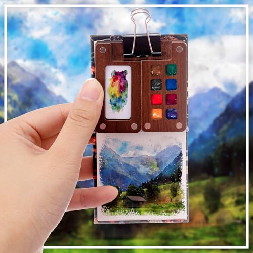 Qilery Mini Portable Watercolor Palette Set Wooden Grid Paint Box Watercolor Paper Sketch Book Brush Pens with Binder Clips for Painters Artists Students Not Include Paint(Rainforest Secrets) - Thumbnail 6