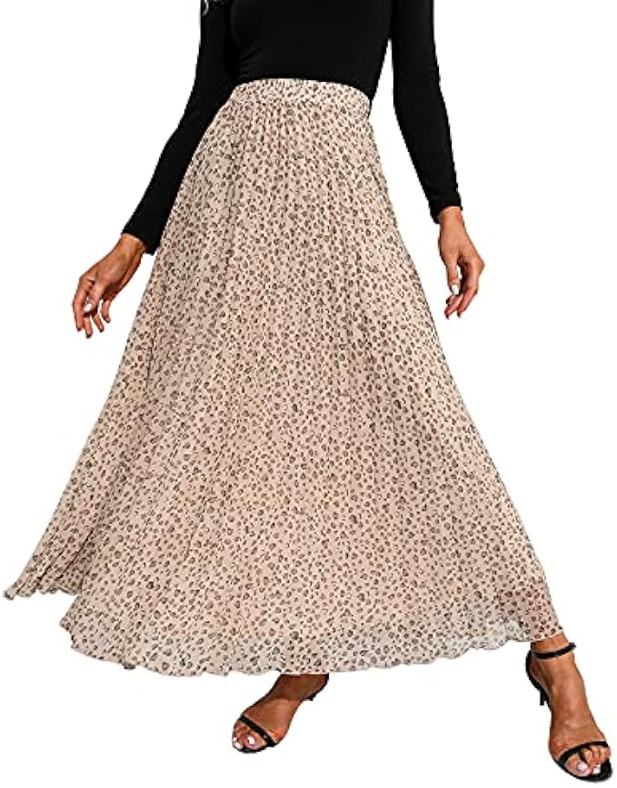 EXLURA 女款 花卉印花 雪紡 彈性 高腰 打褶 長裙