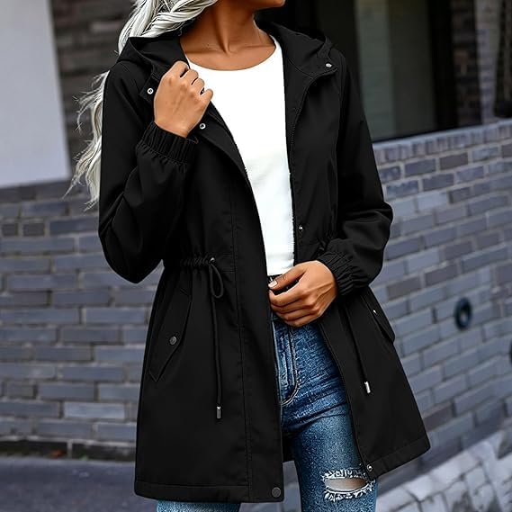peassa Women's Rain Jacket Waterproof Lightweight Hooded Windbreaker for Hiking Travel Black L