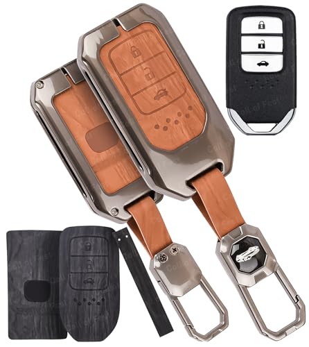 Image of Car Key Cover Compatible with Honda BRV, WRV, CRV, Jazz, City 3-Button Smart Key (Dual Leather Metal (Black & Brown))