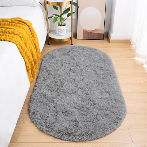 Goideal Fluffy Bedroom Rug, Small Oval Area Rugs, Gray Shag