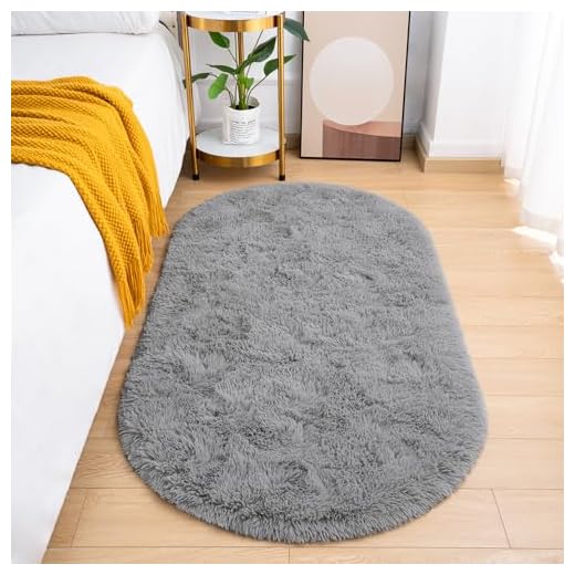 Goideal Fluffy Bedroom Rug, Small Oval Area Rugs, Gray Shag Bedside Carpet for Kids Room Nursery Dorm Cute Fuzzy Indoor Decor for Boy and Girl, 2.6 x 5.3 Feet