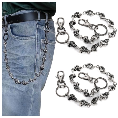 Covzoe 2 Pack Skull Wallet Chains for Men, Punk Heavy Duty Metal Pant Belt Chain with Lobster Clasps, Goth Biker Accessories for Jeans, Edgy Rock Hip Hop Chain