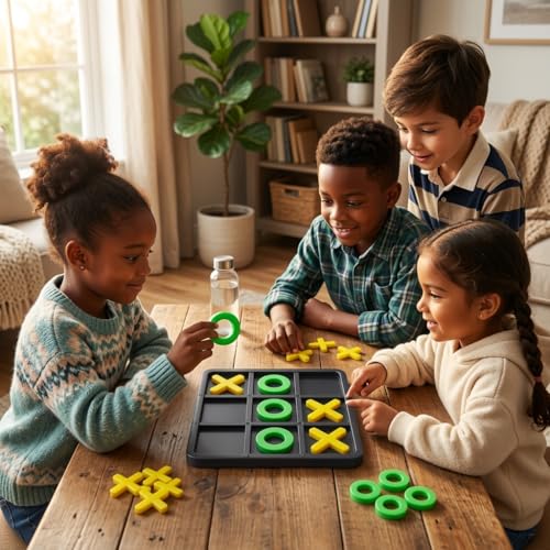 Image of Tic Tac Toe Board Game for Kids & Adults | XO Strategy Puzzle with Coins | Travel Friendly Family Game | Brain Teaser Gift | Cross Zero Play Set (Black)
