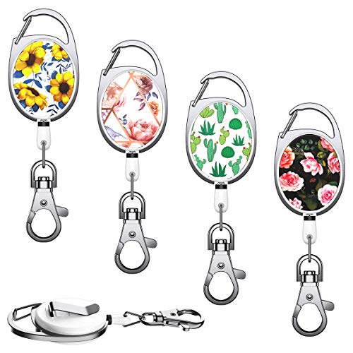 YoungRich 4 PCS Llavero Retractil con Clip 27 Pulgadas Cuerda de Nylon Diseño de Cactus de Girasol Rosa Llaves de Trabajo 24kg Tarea Pesada para Carrete Mosquetón Tarjetero Llavero 6.8x3.4cm