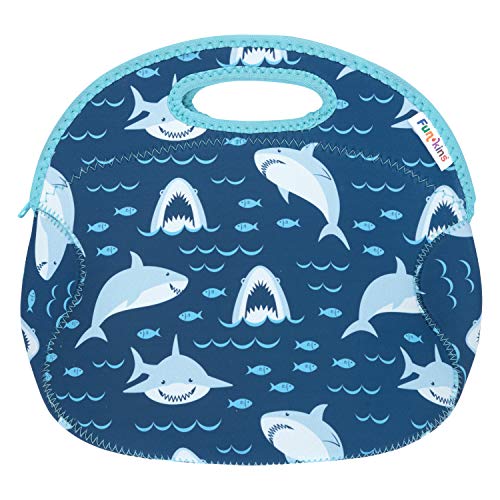 FUN KINS Insulated Lunch Bag for Kids | Spacious, Durable, Machine Washable | Premium Quality | Interior Pocket & Name Tag | Easy to Pack, Folds Flat for Storage | Large Size Lunch Bag (Sharks)