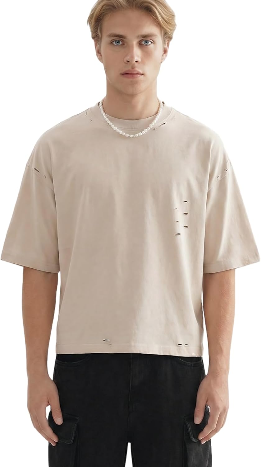 Men’s Heavyweight Boxy Oversized T Shirt, Drop Shoulder Distressed Streetwear Tee, 100% Cotton Short Fit Vintage Style