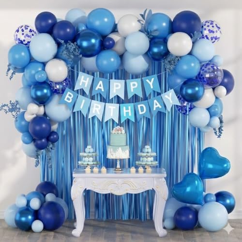Image of Blue Birthday Decorations Kit - 64 Pcs Party Decoration Set with Balloon Chain, Heart Foil Balloons, Latex Balloons, Curtain Backdrop & Happy Birthday Banner - Boys Men Blue Birthday Party Supplies
