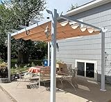 PURPLE LEAF 10' x 13' Outdoor Aluminum Pergola White Heavy-Duty Retractable Pergola Patio Metal with Double Sun Shade Canopy for Gardens Deck Backyard, Khaki