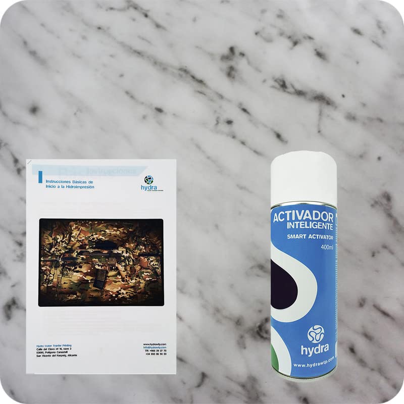 BASIC Zestaw hydroprintu zawiera: 1 x aktywator hydrodruku 400 ml + 1 x instrukcja obsługi + 1 x folia do hydrodruku z efektem marmuru Wymiary: szerokość: 100 cm, długość: 100 cm (HMM-035)