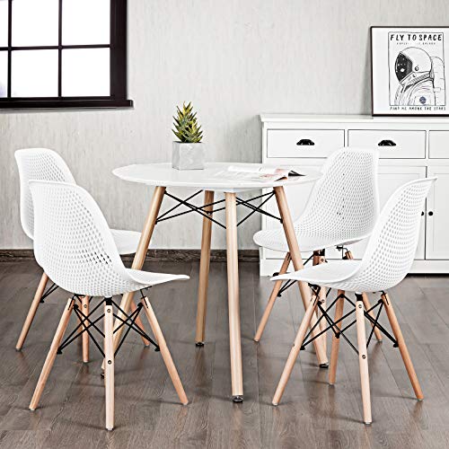 Kotek Set Of 4 Dining Chairs, Dsw Molded Shell Plastic Side Chairs With Mesh Design, Solid Wood Legs, Mid-Century Modern Armless Side Chairs For Kitchen, Dining Room, Living Room (White) #TOP1