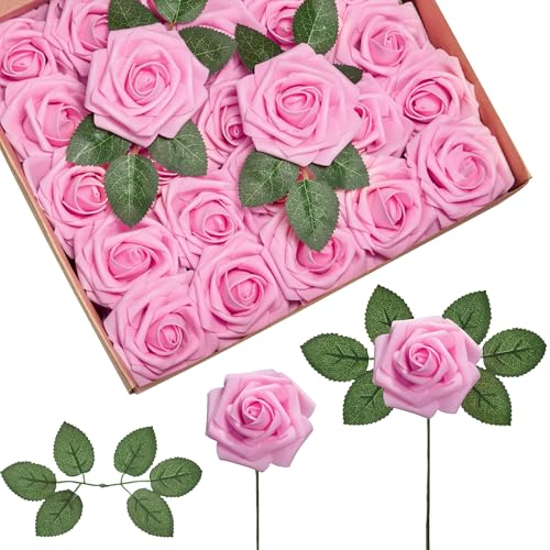 InnoGear Artificial Flowers 50 Pcs Pink Foam Fake Roses Bulk with Stems for Decoration DIY Wedding Bouquets Centerpieces Bridal Shower Party Valentines Christmas Tree