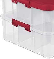 Vista 5 de Caja de almacenamiento Stack & Carry de Sterilite 1427. Caja de 2 niveles para adornos, con asa y tapa roja, caja transparentes (2 unidades)
