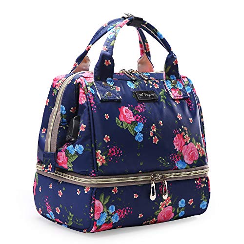 Image of GOGOSO Breast Pump Bag with Cooler Pocket, Mini Pumping Bags for Working Mom Cooler Tote Bag Built-in USB Charging Pot for Phone Mother Diaper Bags -No Include ice Pack,Blue Flower
