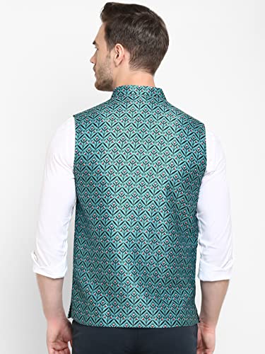Image of hangup Men's Printed Cotton Nehru Jacket /waist coat, color Green. Size 38 (170A PrintedDup Nehru)