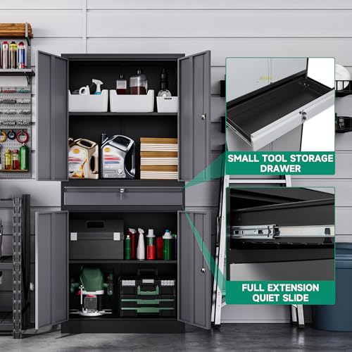 Image of Letaya Metal Garage Storage Cabinet with Drawer,4 Door Tool Cabinet with Lock-2 Adjustable Shelves for Garage Home Office Utility Room (Black & Gray)