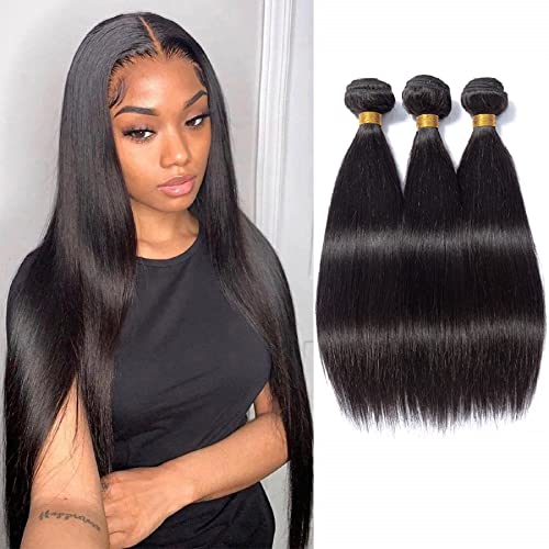 Kapelli Hair Straight Human Hair 3 Bundles (14 14 16inch) 10A Brazilian Virgin Hair Bundles 100% Unprocessed Virgin Straight Weave Bundles Human Hair Extensions Natural Black Color
