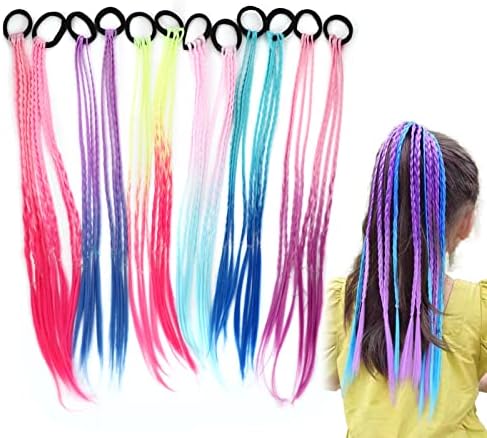 18 Inch Girls Rubber Bands Hair Extensions for Kids, Crazy Hair Day Accessories Colorful Wigs Colored Braids for for Girls Kids Women, Hair with Rubber Bands Rainbow Braided Synthetic Hairpieces Ponytail for 12pcs (Gradual Change)