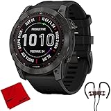 Garmin 010-02541-10 Fenix 7X Sapphire Solar Smartwatch - Carbon Gray DLC Titanium with Black Band Bundle with Deco Gear Magnetic Wireless Sport Earbuds and Deco Gear Microfiber Cleaning Cloth