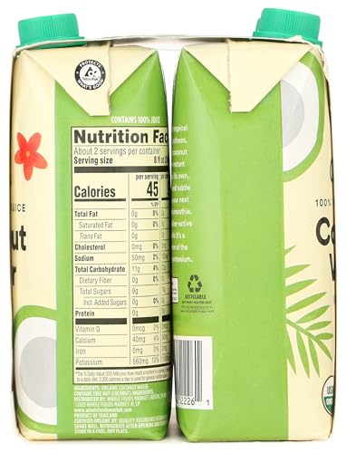 365 by Whole Foods Market, Organic Coconut Water, 100% Pulp-Free Juice, 16.9 Fl Oz per Carton, Pack of 4