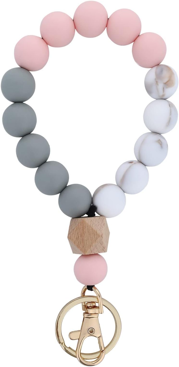 Silicone Key Ring Bracelet, Women Beaded Bangle Keychain Wristlet for Women Elastic Wristlet Keychain House Car Key Ring Holders, Lilac Purple, Pink