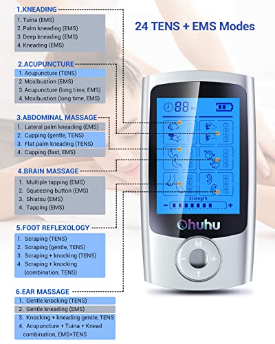 Ohuhu Tens Unit Muscle Stimulator: 24 Modes Rechargeable Tens Stimulator Machine - 16 Pads Electric Ems Unit Massager For Back Shoulder Legs Pain Relief Mother Father's Day Gift - Silver #TOP3