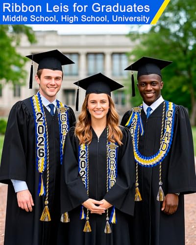 Image of Yigney Graduation Lei Set Class of 2026 Grad Ribbon Leis with Honor Cord Double Braided Graduate Leis for Men Women (1, Blue Gold White)