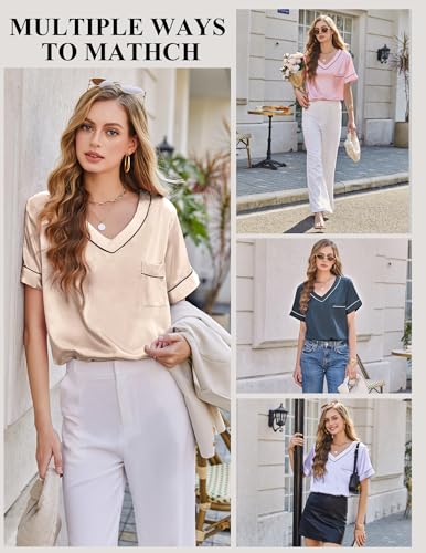 Image of Silk Pajamas for Women Short Sleeve Satin 2 Piece Pj Set Soft V Neck Sleepwear Loungewear, S-XXL