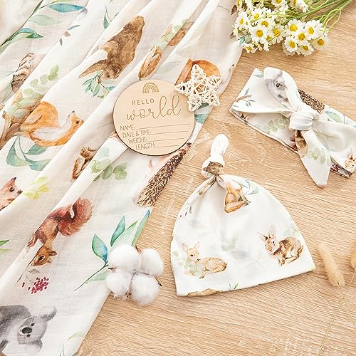 Image of BabyWhale Muslin Swaddle Blanket with Hat and Headband Bow, Animals Print Swaddle Set for Baby Boys & Girls, Newborn Silky Soft Receiving Blanket Wrap, 47x47 inches