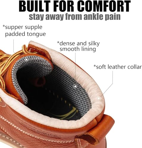 SUREWAY 6 in Mens Waterproof Steel Toe Work Boots for Men-Full Grain Leather,Goodyear,Non-Slip EH Safety Industial Construction Wedge Moc Toe Work Boots/Shoes,WP Steel Toe Light Brown,Size 93