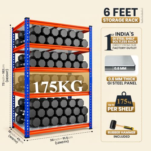 Image of JD Fresh 5 Tier Multipurpose Metal Storage Rack /GI Steel Shelf Boltless Rack with Stiffener /72x36x18 inch Adjustable Standing Shelves Unit /175kg Load Per Shelf /Storage Rack for Warehouse (Blue&Orange)