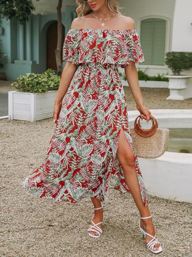Image of CUPSHE Women Ruffle Floral Maxi Summer Dress Off Shoulder Short Sleeve Backless Flounce Bodice Slit Hem Beach Dresses