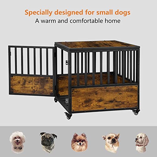 Smonter Dog Crate Furniture Wood Dog Crate End Table For Small Medium Dogs, Wooden Dog Kennel Decorative Dog Cage Furniture, Indoor Dog House With Lockable Wheels, Rustic Brown #TOP4