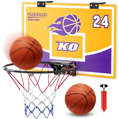 KadoKado Indoor Mini Basketball Hoop Set for Door Shatterproof Backboard with Protective Foam & Pro-Style Spring Includes 2 Balls & Pump for Kids & Adults Stress Relief